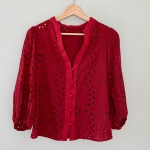 Red‎ Eyelet Embroidery Button Front Blouse